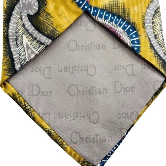 Mens Silk Necktie Christian Dior Geometric Pattern Gold  58 in Ameba Paisley - Picture 3 of 4